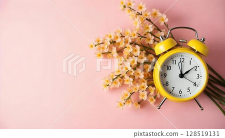 Yellow alarm clock and pink blooms on a pink background, reflecting the lively spirit of springtime 128519131