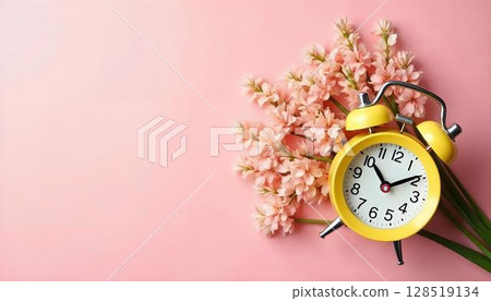 A yellow alarm clock surrounded by pink flowers on a vibrant pink background, capturing the essence of springtime 128519134