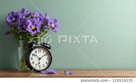 A vase of purple blooms alongside an alarm clock on a wooden table creates a lively spring ambiance 128519135