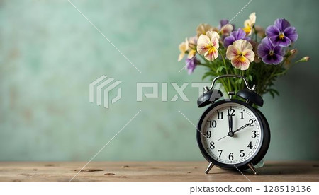 A charming arrangement of purple flowers in a vase and an alarm clock on a wooden table, celebrating spring's arrival 128519136