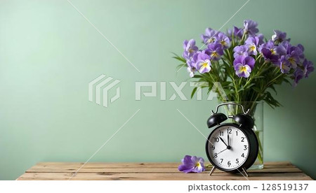 Springtime scene with purple flowers in a vase and an alarm clock on a wooden table, highlighting seasonal beauty Springtime scene with purple flowers in a vase and an alarm clock on a wooden table, highlighting seasonal beauty 128519137