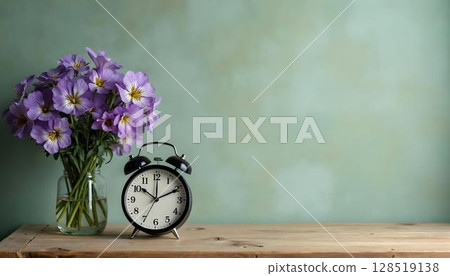 A wooden table displays a vase of purple flowers and an alarm clock, symbolizing the beauty of springtime 128519138