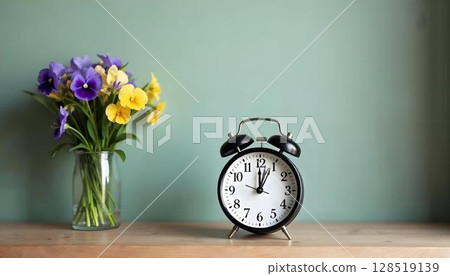Purple flowers in a vase next to an alarm clock on a wooden table, evoking a vibrant spring atmosphere Purple flowers in a vase next to an alarm clock on a wooden table, evoking a vibrant spring atmosphere 128519139