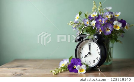 A vase of purple spring flowers beside an alarm clock on a wooden table, capturing the essence of springtime A vase of purple spring flowers beside an alarm clock on a wooden table, capturing the essence of springtime 128519140