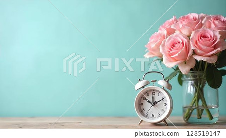 A vase of pink roses beside an alarm clock on a wooden table, capturing the essence of springtime beauty A vase of pink roses beside an alarm clock on a wooden table, capturing the essence of springtime beauty 128519147