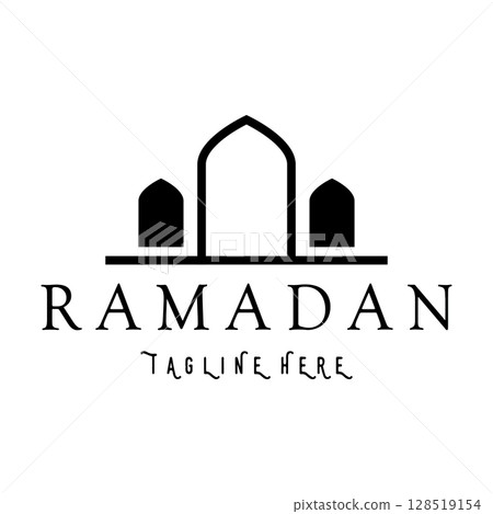 Ramadan Mubarak logo with lantern elements, crescent moon and star mosque building, Islamic calligraphy pattern, for business, architecture, Muslims, Eid, Eid cards, Islamic education 128519154