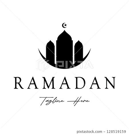 Ramadan Mubarak logo with lantern elements, crescent moon and star mosque building, Islamic calligraphy pattern, for business, architecture, Muslims, Eid, Eid cards, Islamic education 128519159