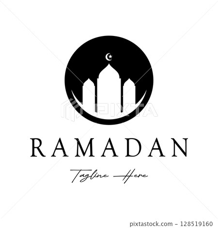 Ramadan Mubarak logo with lantern elements, crescent moon and star mosque building, Islamic calligraphy pattern, for business, architecture, Muslims, Eid, Eid cards, Islamic education 128519160