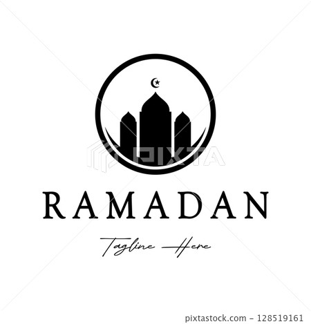 Ramadan Mubarak logo with lantern elements, crescent moon and star mosque building, Islamic calligraphy pattern, for business, architecture, Muslims, Eid, Eid cards, Islamic education 128519161
