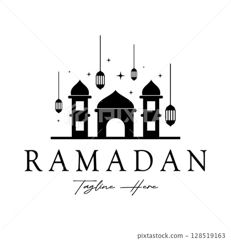 Ramadan Mubarak logo with lantern elements, crescent moon and star mosque building, Islamic calligraphy pattern, for business, architecture, Muslims, Eid, Eid cards, Islamic education 128519163