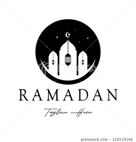Ramadan Mubarak logo with lantern elements, crescent moon and star mosque building, Islamic calligraphy pattern, for business, architecture, Muslims, Eid, Eid cards, Islamic education 128519166