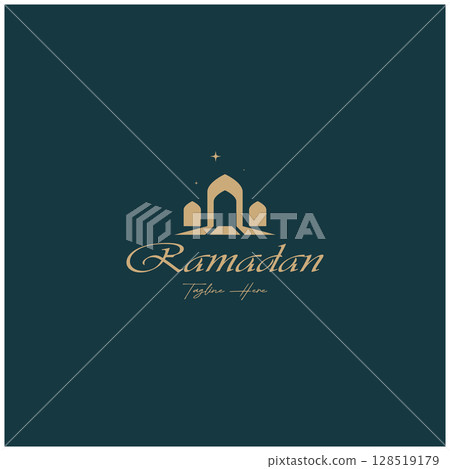 Ramadan Mubarak logo with lantern elements, crescent moon and star mosque building, Islamic calligraphy pattern, for business, architecture, Muslims, Eid, Eid cards, Islamic education 128519179