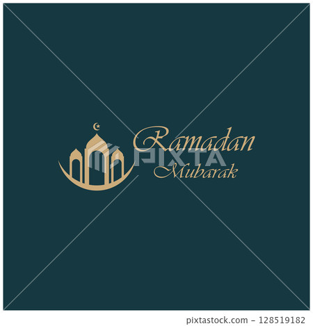 Ramadan Mubarak logo with lantern elements, crescent moon and star mosque building, Islamic calligraphy pattern, for business, architecture, Muslims, Eid, Eid cards, Islamic education 128519182