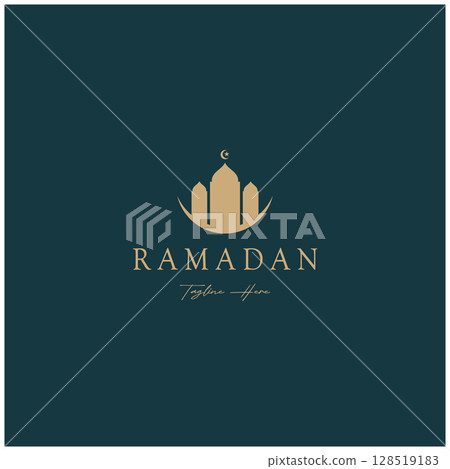 Ramadan Mubarak logo with lantern elements, crescent moon and star mosque building, Islamic calligraphy pattern, for business, architecture, Muslims, Eid, Eid cards, Islamic education 128519183