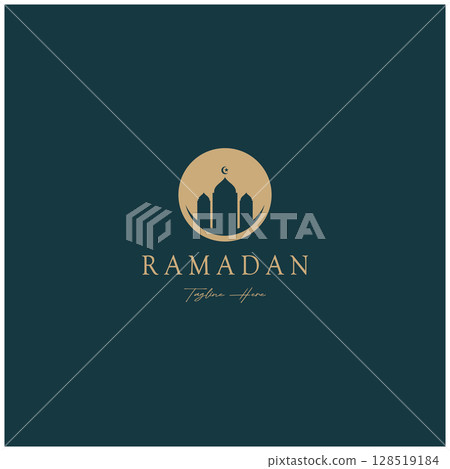 Ramadan Mubarak logo with lantern elements, crescent moon and star mosque building, Islamic calligraphy pattern, for business, architecture, Muslims, Eid, Eid cards, Islamic education 128519184