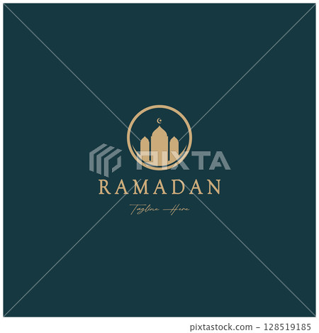 Ramadan Mubarak logo with lantern elements, crescent moon and star mosque building, Islamic calligraphy pattern, for business, architecture, Muslims, Eid, Eid cards, Islamic education 128519185