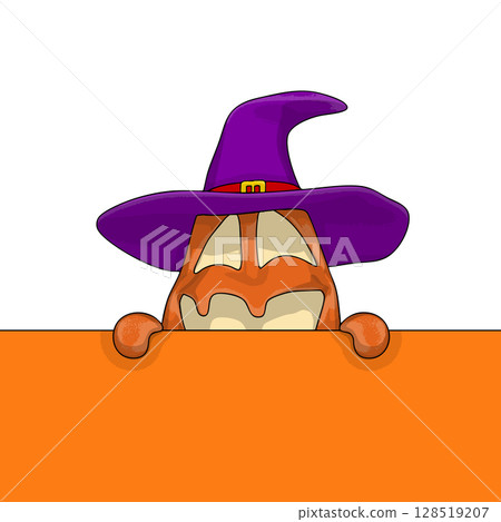 Halloween pumpkin funny and cute peeks out behind the wall. One of the symbols of the autumn holiday. Vector illustration. Halloween pumpkin funny and cute peeks out behind the wall. One of the symbols of the autumn holiday. Vector illustration. 128519207