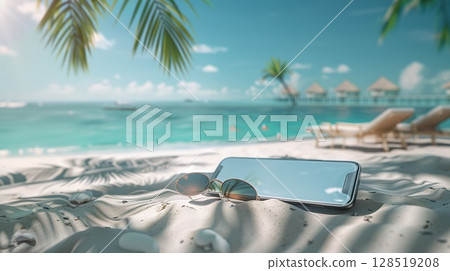Smartphone and sunglasses on the sand of a tropical beach 128519208