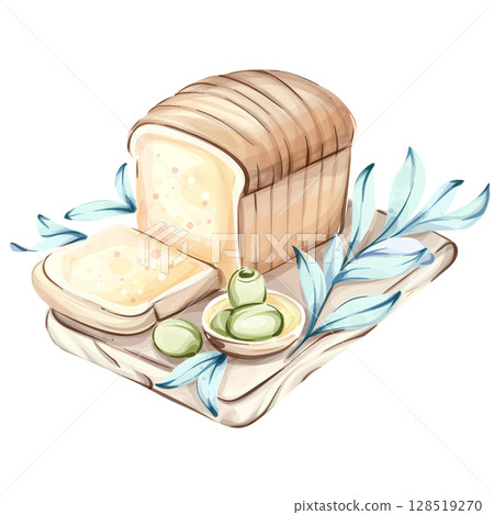 A delightful assortment of olives and bread in a watercolor style inspired by Italian cuisine A delightful assortment of olives and bread in a watercolor style inspired by Italian cuisine 128519270