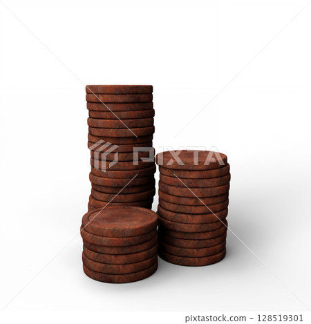 Stacked Rusted Metal Coins Isolated on a Clean White Background. 3D Illustration. File with Clipping Path Stacked Rusted Metal Coins Isolated on a Clean White Background. 3D Illustration. File with Clipping Path 128519301