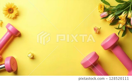 A cheerful arrangement of colorful dumbbells and flowers against a yellow background, highlighting spring fitness and outdoor fun 128520111