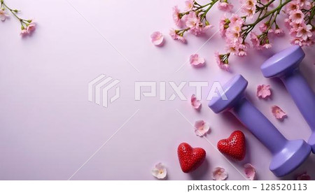 A vibrant purple background features purple dumbbells with flowers, representing spring fitness and outdoor workouts 128520113