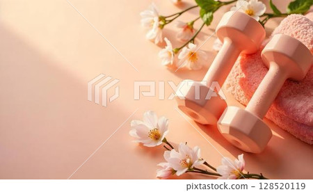 A vibrant pink towel and two dumbbells adorned with flowers, representing springtime fitness and outdoor exercise 128520119