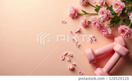 A pink towel and two dumbbells surrounded by flowers, symbolizing spring fitness and outdoor workout activities 128520120