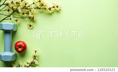 Blue dumbbells with blooming flowers on a green background, highlighting the essence of spring fitness and outdoor workouts 128520121