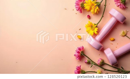 Pink dumbbells and vibrant flowers on a soft pink background, symbolizing spring fitness and outdoor activities 128520123