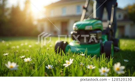 A lawn mower trims the grass in a lively spring garden adorned with colorful flowers 128520130