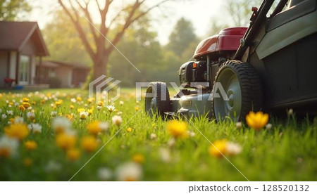 A lawn mower amidst blooming flowers in a grassy yard, highlighting the joys of spring outdoor activities 128520132