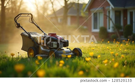 A lawn mower navigating through grass and flowers, showcasing a lively spring atmosphere in a backyard garden 128520133