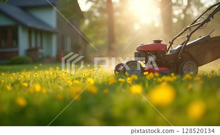 A lawn mower in a lush green yard, dotted with blooming flowers, perfect for spring outdoor activities 128520134