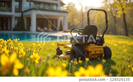 A lawn mower cutting grass surrounded by colorful flowers in a vibrant spring backyard garden 128520135