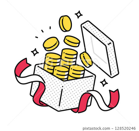 一個打開的禮物盒和一堆硬幣的簡單向量圖示插圖 128520246