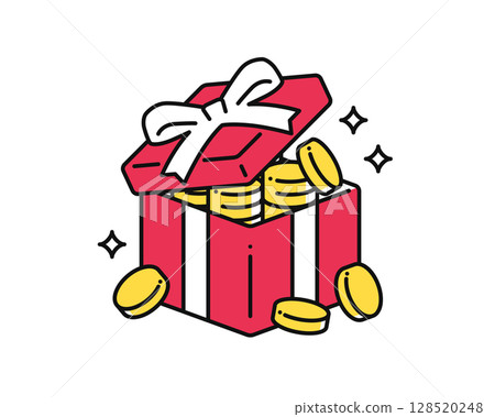 Simple vector icon illustration of gift and large amount of coins Simple vector icon illustration of gift and large amount of coins 128520248