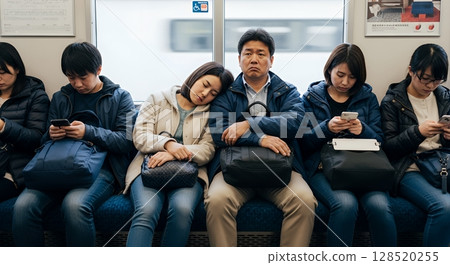 火車上,一名女子靠在旁邊的男子身上睡覺,而男子看起來很不舒服 火車上,一名女子靠在旁邊的男子身上睡覺,而男子看起來很不舒服 128520255