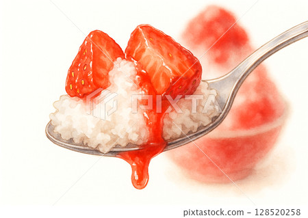 Close-Up Spoonful Of Strawberry Bingsu With Syrup 128520258