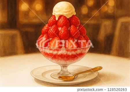 Elegant Strawberry Bingsu In Glass Dessert Cup On Restaurant Table 128520263
