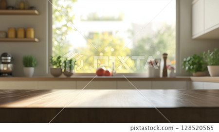 Brown wooden table and blue blurred window background on kitchen room with shadow sun bright 128520565