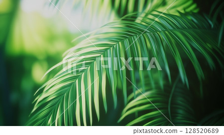 Closeup detail green palm leaves foliage botanical garden Closeup detail green palm leaves foliage botanical garden 128520689