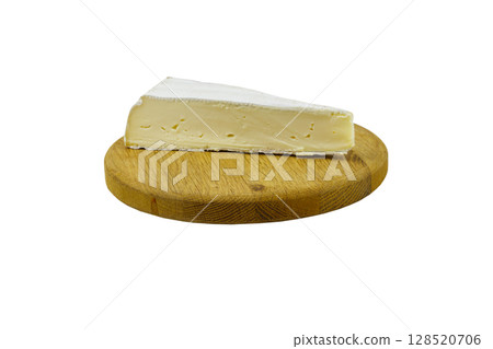 Piece of brie cheese on cutting board isolated on white background Piece of brie cheese on cutting board isolated on white background 128520706