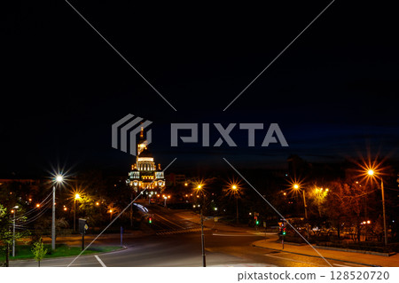 View of illuminated Annunciation cathedral at night in Kharkov, Ukraine 128520720