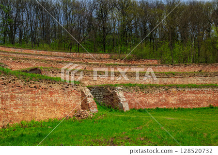 Singing terraces are garden terraces built at 19th century and fortified by brick walls in Kharkiv region, Ukraine 128520732