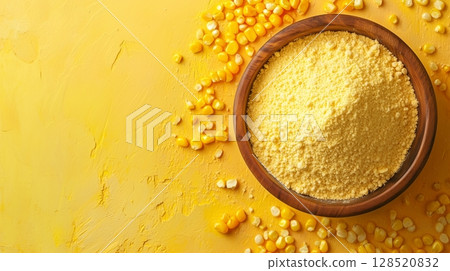 Corn flour on brown wooden bowl and some corn vegetable for food, gluten free copy space 128520832