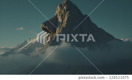 Magnificent mountain landscape shrouded in ethereal clouds creating a majestic scene with snow-capped peaks and dramatic lighting adding a sense of grandeur and wonder in nature Magnificent mountain landscape shrouded in ethereal clouds creating a majestic scene with snow-capped peaks and dramatic lighting adding a sense of grandeur and wonder in nature 128521075