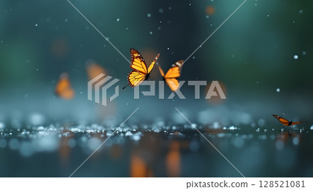 Monarch butterflies dancing on a glistening surface amid a rain of light with a magical essence, captivating scene created with precision and artistry 128521081
