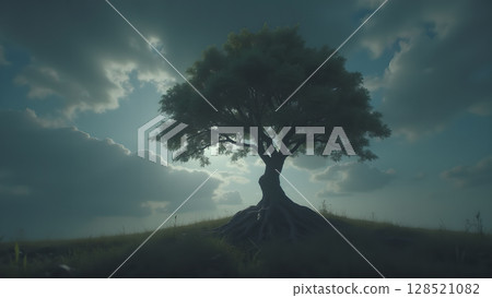 Majestic tree silhouetted against a dramatic sky with moody clouds creating a sense of peace and tranquility in the natural world with artistic flair Majestic tree silhouetted against a dramatic sky with moody clouds creating a sense of peace and tranquility in the natural world with artistic flair 128521082