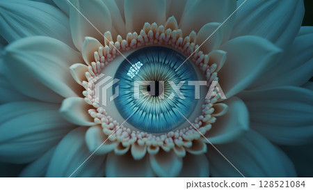 Surreal fusion showcasing a captivating blue eye at the heart of a delicate white flower blending nature's beauty with human presence captivating visual metaphor 128521084